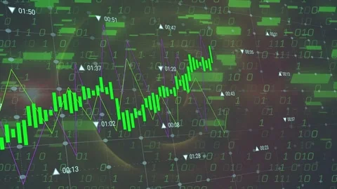 Binary pulse arriving green candles two lines falling then rising then settling Stock Footage 335480917