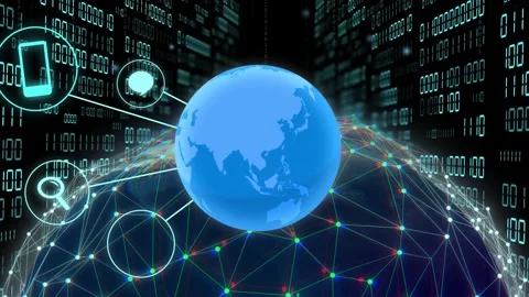 On binary pulse blue globe filling, grid forming, icons orbiting and linking to Stock Footage 333936526