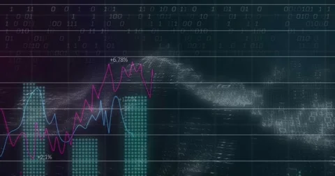 Binary pulse driving dashboard tracing magenta blue lines raising teal bars Video stock 331756430