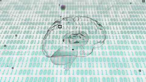Binary pulse starting transparent 3D brain rotating, centering as data nodes Stock Footage 334337600