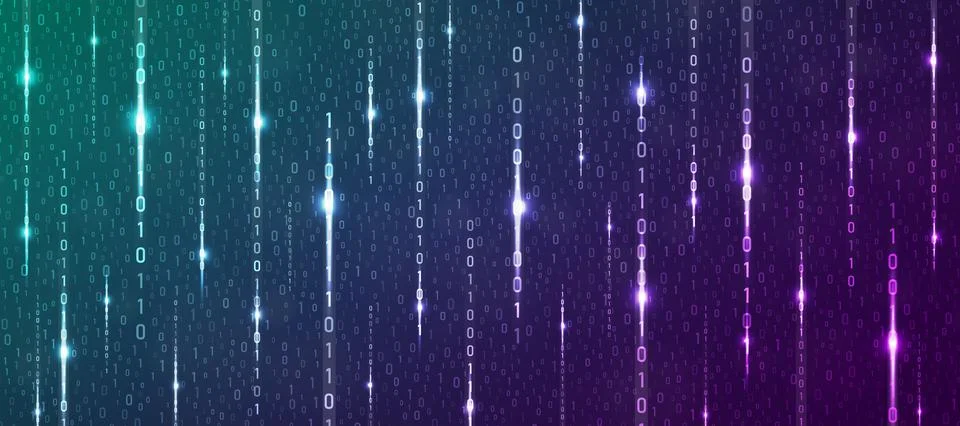 Binary rain cyan and purple cyber background. Matrix style futuristic high-tech Stock Illustration