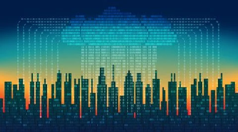 Binary rain in digital abstract city, the flow of data with the cloud Stockillustratie