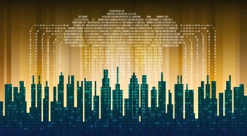 Binary rain in digital abstract city, the flow of data with the cloud 库存插图