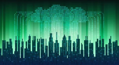 Binary rain in digital abstract city, the flow of data with the cloud 库存插图