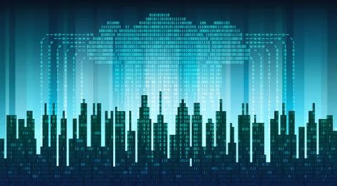 Binary rain in digital abstract city, the flow of data with the cloud Stockillustratie