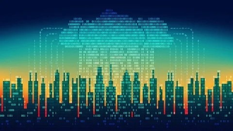 Binary rain in digital city, the flow of data with the cloud, seamless loop Stock Footage 74071733