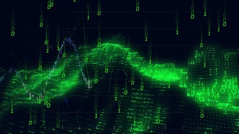 Binary rain falling initiates pulsing green 3D wave grid chart line rising to Stock Footage 309808146