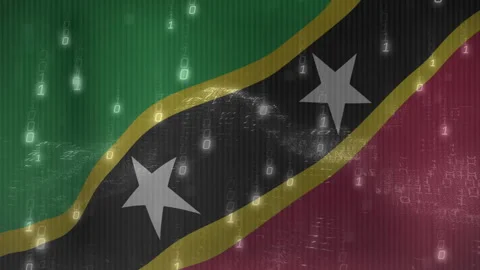 Binary rain initiating on Saint Kitts Nevis flag, glitching wireframes pulsing Stock Footage 313308226