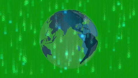 Binary rain initiating stylized 3D globe rotating eastward, streaks growing Stock Footage 328223906