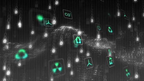 Binary rain intensifying, teal icons drifting and point-cloud ridges forming for Stock Footage 332591978