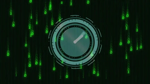 Binary rain opening clock fading in, arcs spinning hands advancing countdown Stock Footage 312905426