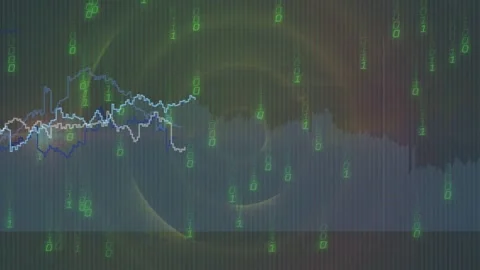 Binary rain starting, central spiral deepening, waveform oscillating, colors Stock Footage 335480915