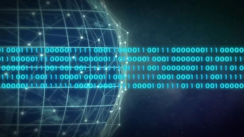 Binary ribbon entering right, crossing glass globe, lighting nodes and forming Stock Footage 335211560