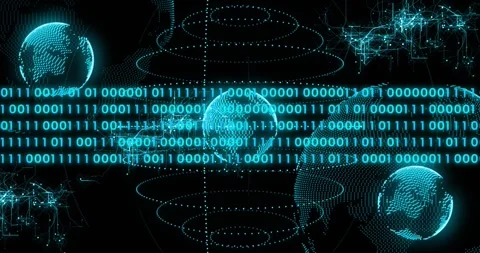 Binary ribbon sliding in, central dotted globes brightening and linking nodes Stock Footage 331214429