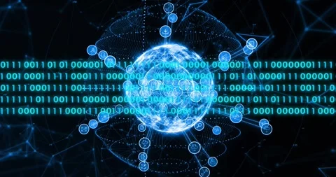 Binary ribbon sliding triggers glowing sphere spawning linked icon nodes, Stock Footage 321700759