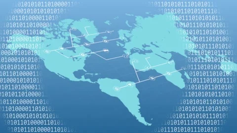 Binary ring fading in, cyan map forming network, nodes pulsing and linking, Stock Footage 335761617