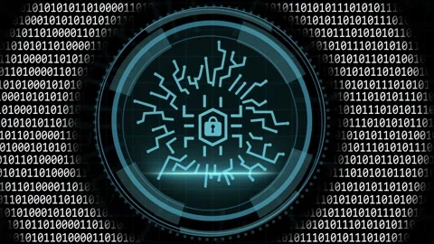 Binary ring starting cyber HUD padlock forming, circuits spreading, scan Stock Footage 335732123