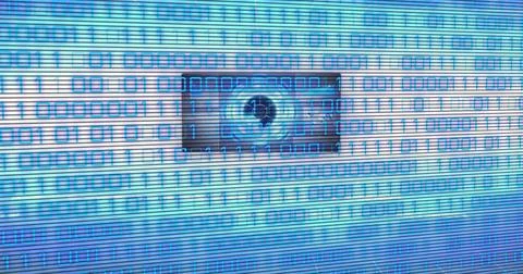 Binary rows streaming from sides activating central lens, scanning code for 스톡 일러스트