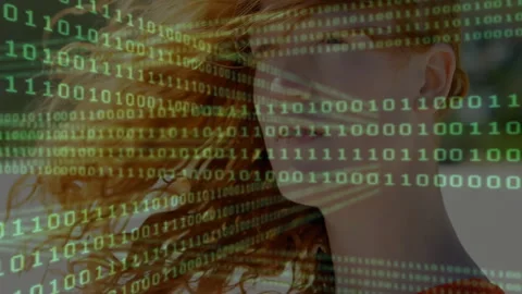 Binary scroll causing model turning as green code sweeping face revealing Stock Footage 311085499
