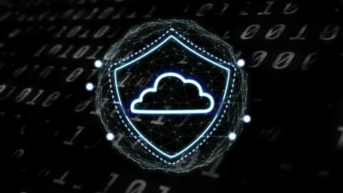Binary scroll sparking orb rotating, shield tracing, cloud glowing, nodes Stock Footage 334729093