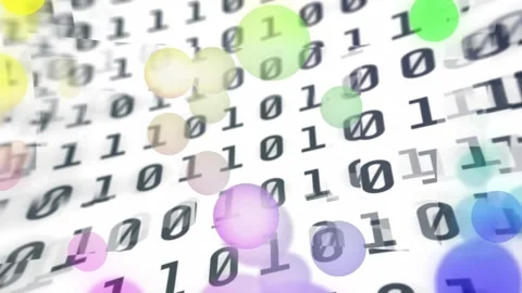 Binary sheet appearing digits filling curved plane colorful spheres drifting Stock Footage 328225070