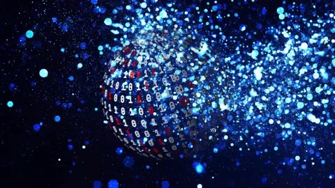 Binary sphere appearing and rotating right, emitting blue specks forming cloud Stock Footage 329782956
