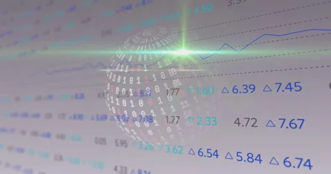 Binary sphere drifting to center, rotating code clusters, oscillating line chart Stock Footage 312656195