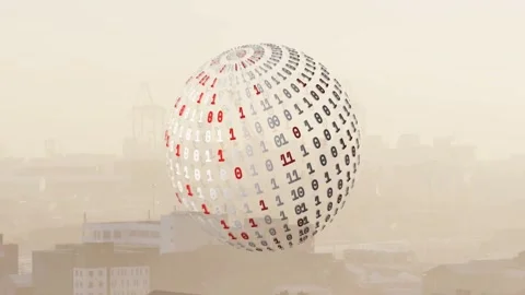 Binary sphere emerging over hazy city, centering, rotating and pulsing red Stock Footage 323147525