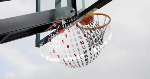 Binary sphere forming around rim rotating while player sending ball through net Stock Footage 318115026