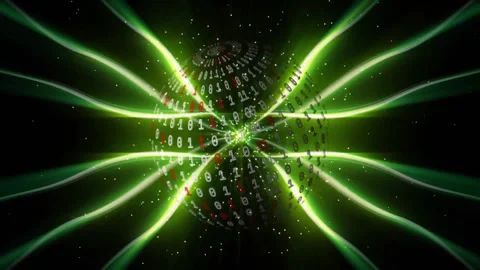Binary sphere pulsating in digital void, emitting neon-green energy streams and Stock Footage 330292093