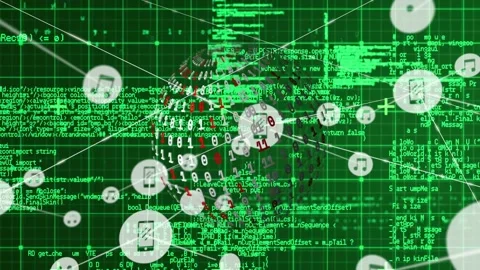 Binary sphere rotating, pulsing from code pulse, nodes spawning outward linking Stock Footage 329453643