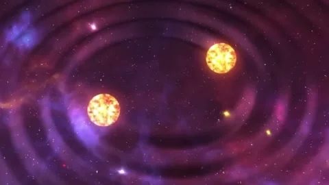 Binary star system orbiting in deep space with gravitational waves animation. Stock Footage 335017360