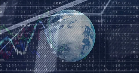 Binary stream activating globe rotating, gridlines fading, chart mapping global Stock Footage 309895471