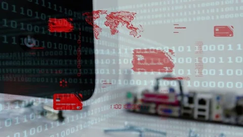 Binary stream appearing, red UI widgets fading and shifting onto monitor, Stock Footage 334881868