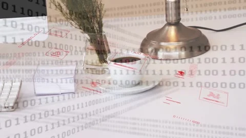 Binary stream appearing starting camera panning as red UI icons sweeping desk, Stock Footage 334881783