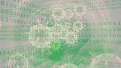 Binary stream appearing, virus cluster drifting and rotating, illustrating data Stock Footage 329365449