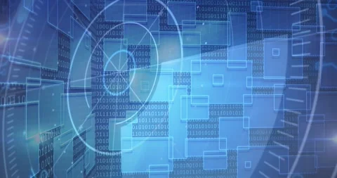 Binary stream initiating circular HUD rotating and pulsing with panels drifting Stock Footage 329699695