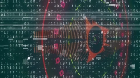 Binary stream initiating concentric green red HUD rings rotating and converging Stock Footage 329870778