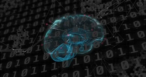 Binary stream initiating holographic brain, rotating and linking markers to Stock Footage 331006103