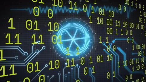 Binary stream intensifying driving HUD rotating pulsing circuits lighting Stock Footage 317369348