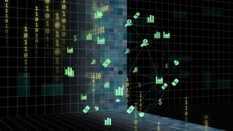 Binary stream from left tile causing camera panning, holo net rotating, pulsing, Stock Footage 334744200