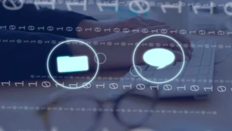 Binary stream overlaying hands and starting app icons while user typing keys, Stock Footage 335731974