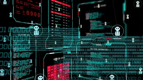 Binary stream starting across UI panels, growing, circling agents, then thinning Stock Footage 335739364
