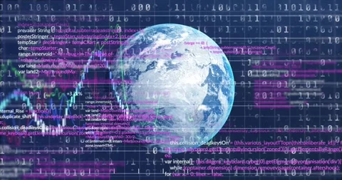 Binary stream starting and data layers sliding over globe, showing live global Stock Footage 328584351