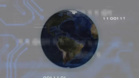 Binary stream starting globe rotating revealing Africa to Americas on circuit Stock Footage 326193161