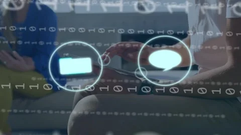 Binary stream starting, glowing icons sliding while right user tapping tablet, Stock Footage 334884199