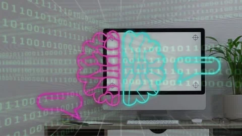 Binary stream starting magenta trace filling brain on screen, cyan half Stock Footage 334881801