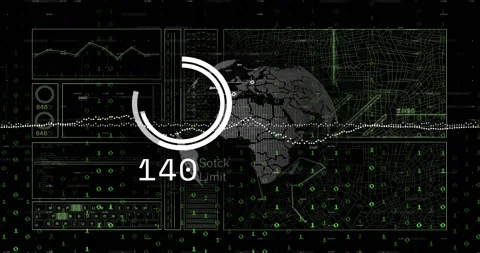 Binary stream starting monitor updates, globe rotating, readout rising and Stock Footage 320651557