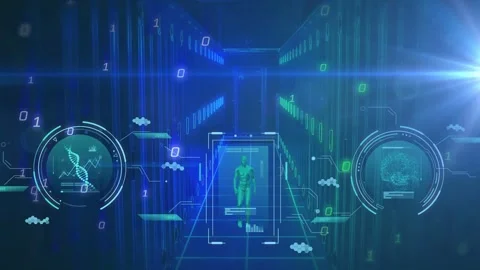Binary stream starting from top-left and powering HUD scan, green avatar Stock Footage 334693849
