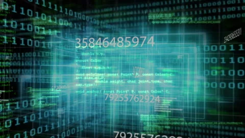 Binary streams activating cyan grid cube forming then pulsing and expanding for Stock Footage 310643423